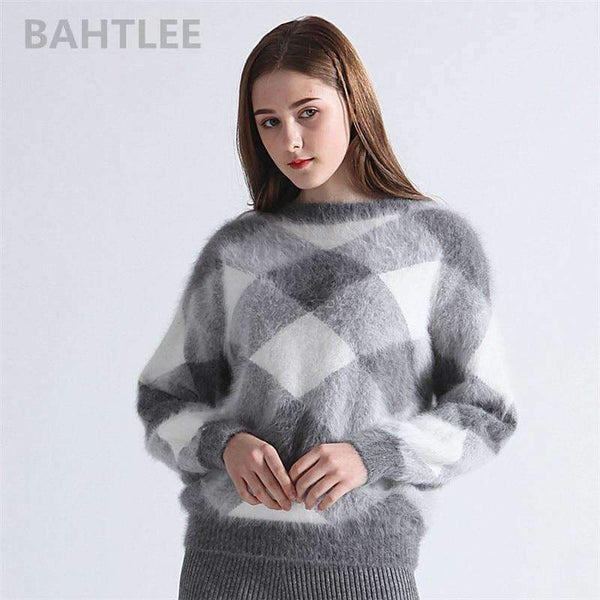 Planet Gates Multi / S Autumn winter women's angora rabbit knitted lantern sleeve pullovers sweater Colorblock Diamond geometry keep warm
