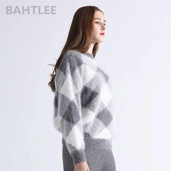 Planet Gates Multi / S Autumn winter women's angora rabbit knitted lantern sleeve pullovers sweater Colorblock Diamond geometry keep warm
