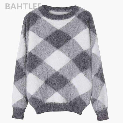 Planet Gates Multi / S Autumn winter women's angora rabbit knitted lantern sleeve pullovers sweater Colorblock Diamond geometry keep warm