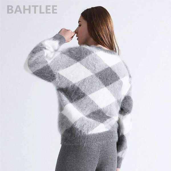 Planet Gates Multi / S Autumn winter women's angora rabbit knitted lantern sleeve pullovers sweater Colorblock Diamond geometry keep warm