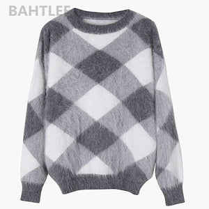 Planet Gates Multi / S Autumn winter women's angora rabbit knitted lantern sleeve pullovers sweater Colorblock Diamond geometry keep warm