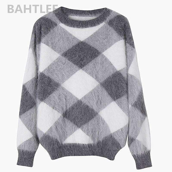 Planet Gates Multi / S Autumn winter women's angora rabbit knitted lantern sleeve pullovers sweater Colorblock Diamond geometry keep warm