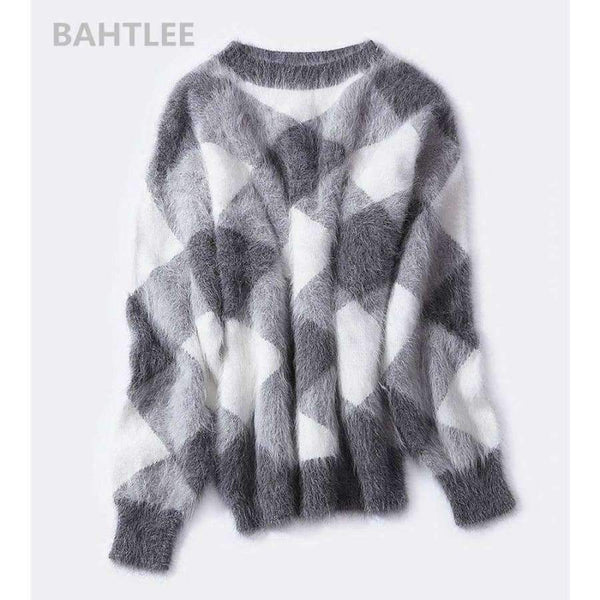 Planet Gates Multi / S Autumn winter women's angora rabbit knitted lantern sleeve pullovers sweater Colorblock Diamond geometry keep warm