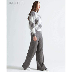 Planet Gates Multi / S Autumn winter women's angora rabbit knitted lantern sleeve pullovers sweater Colorblock Diamond geometry keep warm