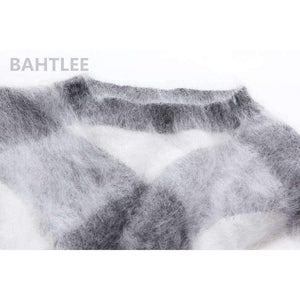 Planet Gates Multi / S Autumn winter women's angora rabbit knitted lantern sleeve pullovers sweater Colorblock Diamond geometry keep warm