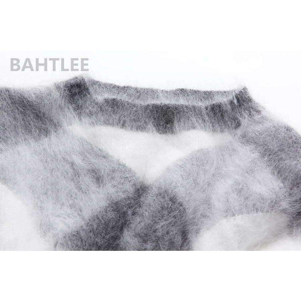 Planet Gates Multi / S Autumn winter women's angora rabbit knitted lantern sleeve pullovers sweater Colorblock Diamond geometry keep warm