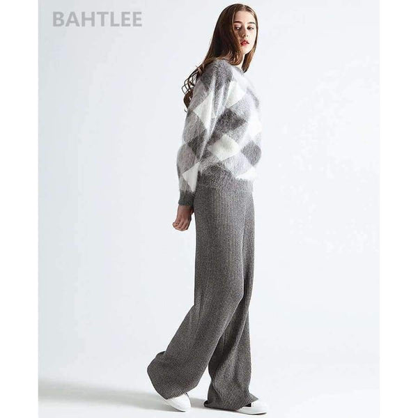 Planet Gates Multi / S Autumn winter women's angora rabbit knitted lantern sleeve pullovers sweater Colorblock Diamond geometry keep warm