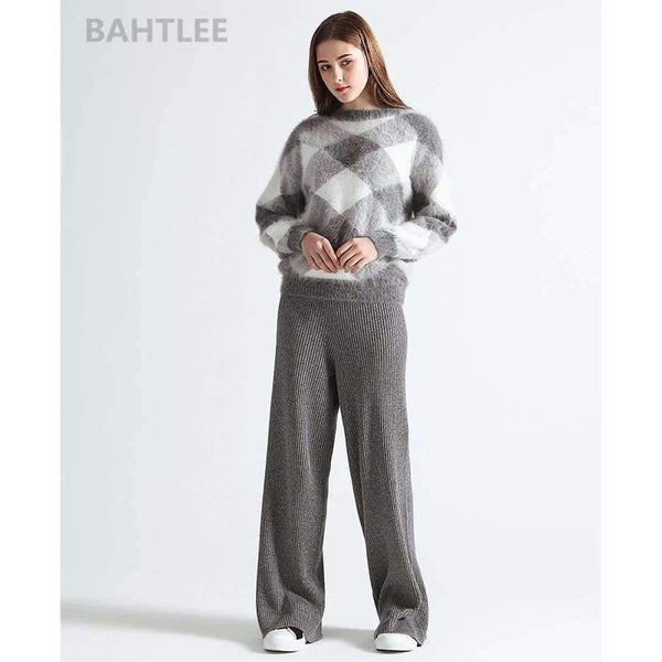 Planet Gates Multi / S Autumn winter women's angora rabbit knitted lantern sleeve pullovers sweater Colorblock Diamond geometry keep warm