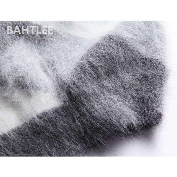 Planet Gates Multi / S Autumn winter women's angora rabbit knitted lantern sleeve pullovers sweater Colorblock Diamond geometry keep warm