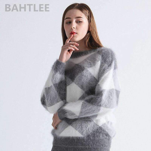 Planet Gates Multi / S Autumn winter women's angora rabbit knitted lantern sleeve pullovers sweater Colorblock Diamond geometry keep warm