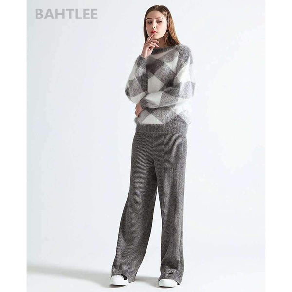 Planet Gates Multi / S Autumn winter women's angora rabbit knitted lantern sleeve pullovers sweater Colorblock Diamond geometry keep warm