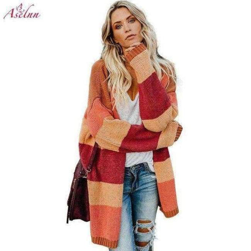 Planet Gates Multi / S Autumn Women Rainbow Striped Cardigan Loose Long Knitted Sweater Casual Ladies Outwear Pulover Blusas De Inverno
