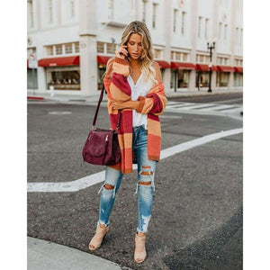 Planet Gates Multi / S Autumn Women Rainbow Striped Cardigan Loose Long Knitted Sweater Casual Ladies Outwear Pulover Blusas De Inverno