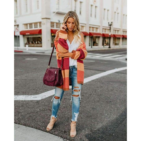 Planet Gates Multi / S Autumn Women Rainbow Striped Cardigan Loose Long Knitted Sweater Casual Ladies Outwear Pulover Blusas De Inverno