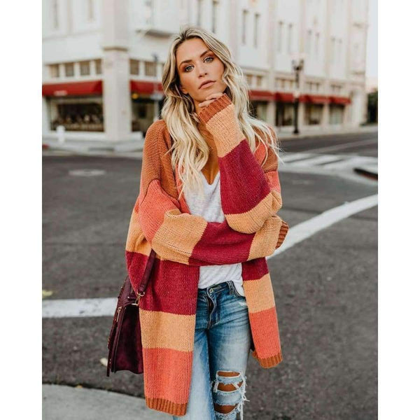 Planet Gates Multi / S Autumn Women Rainbow Striped Cardigan Loose Long Knitted Sweater Casual Ladies Outwear Pulover Blusas De Inverno