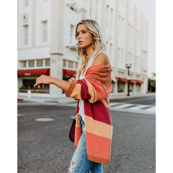 Planet Gates Multi / S Autumn Women Rainbow Striped Cardigan Loose Long Knitted Sweater Casual Ladies Outwear Pulover Blusas De Inverno