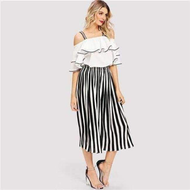 Planet Gates Black And White Striped Open Shoulder Ruffle Blouse & Pants Women Set 2018 Autumn Elegant Suits Sexy Two Piece Sets