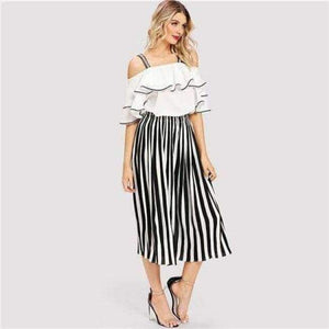Planet Gates Multi / S Black And White Striped Open Shoulder Ruffle Blouse & Pants Women Set 2018 Autumn Elegant Suits Sexy Two Piece Sets