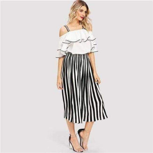 Planet Gates Multi / S Black And White Striped Open Shoulder Ruffle Blouse & Pants Women Set 2018 Autumn Elegant Suits Sexy Two Piece Sets
