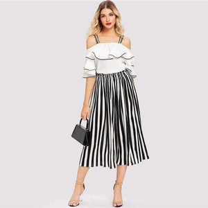 Planet Gates Multi / S Black And White Striped Open Shoulder Ruffle Blouse & Pants Women Set 2018 Autumn Elegant Suits Sexy Two Piece Sets