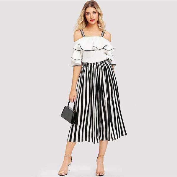 Planet Gates Multi / S Black And White Striped Open Shoulder Ruffle Blouse & Pants Women Set 2018 Autumn Elegant Suits Sexy Two Piece Sets