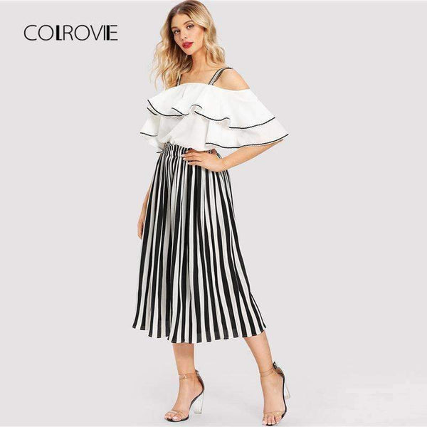 Planet Gates Multi / S Black And White Striped Open Shoulder Ruffle Blouse & Pants Women Set 2018 Autumn Elegant Suits Sexy Two Piece Sets