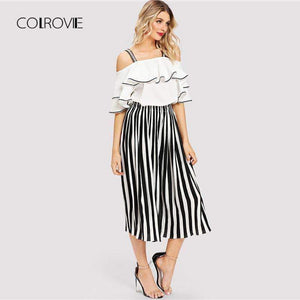 Planet Gates Multi / S Black And White Striped Open Shoulder Ruffle Blouse & Pants Women Set 2018 Autumn Elegant Suits Sexy Two Piece Sets