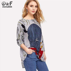 Planet Gates Multi / S Cartoon Print Back Longline Tee Shirt 2018 New Arrival Spring Round Neck Woman Top Long Sleeve Longline T Shirt