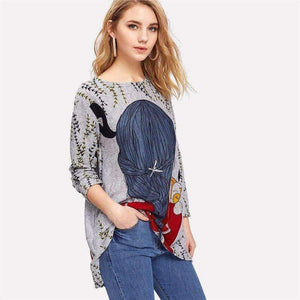 Planet Gates Multi / S Cartoon Print Back Longline Tee Shirt 2018 New Arrival Spring Round Neck Woman Top Long Sleeve Longline T Shirt