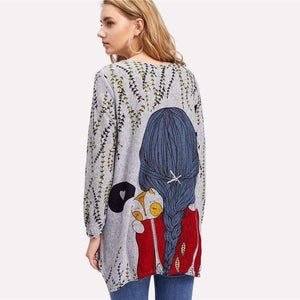 Planet Gates Multi / S Cartoon Print Back Longline Tee Shirt 2018 New Arrival Spring Round Neck Woman Top Long Sleeve Longline T Shirt
