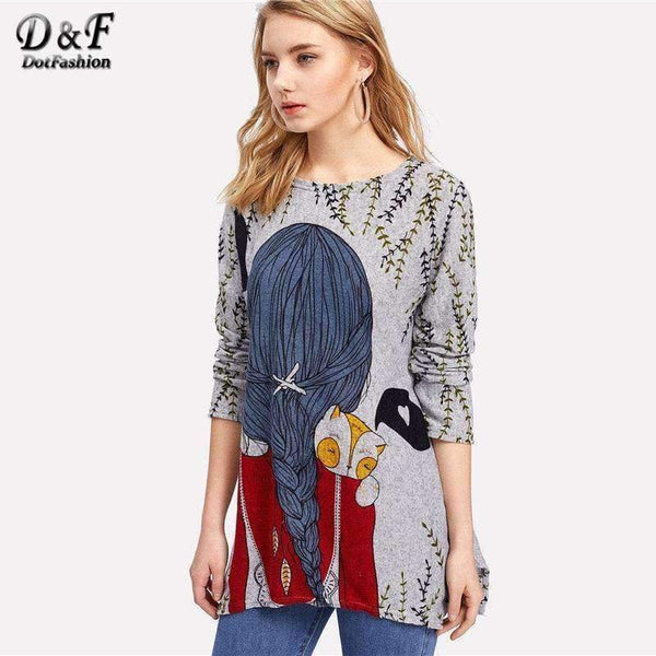 Planet Gates Multi / S Cartoon Print Back Longline Tee Shirt 2018 New Arrival Spring Round Neck Woman Top Long Sleeve Longline T Shirt