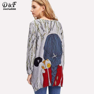 Planet Gates Multi / S Cartoon Print Back Longline Tee Shirt 2018 New Arrival Spring Round Neck Woman Top Long Sleeve Longline T Shirt