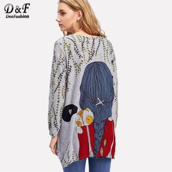 Planet Gates Multi / S Cartoon Print Back Longline Tee Shirt 2018 New Arrival Spring Round Neck Woman Top Long Sleeve Longline T Shirt