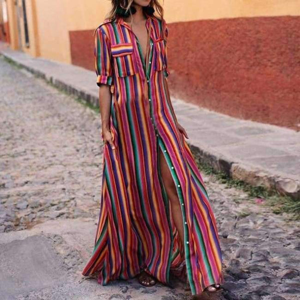 Planet Gates Multi / S NIBESSER Kvinder Sommer Strand Maxikjole 2018 Sexet Høj Split Sommerkjole Mode Farverig Stribet Print Boho Lang Festkjole Morgenkåbe
