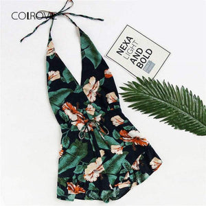 Planet Gates Multi / S Plunging V-neckline Floral Print Drawstring Frill Romper 2018 Halter Knot Women Clothes Sleeveless Vacation Romper