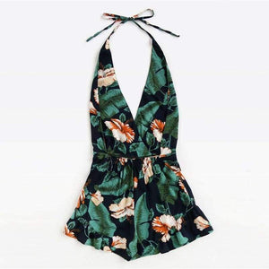 Planet Gates Multi / S Plunging V-neckline Floral Print Drawstring Frill Romper 2018 Halter Knot Women Clothes Sleeveless Vacation Romper