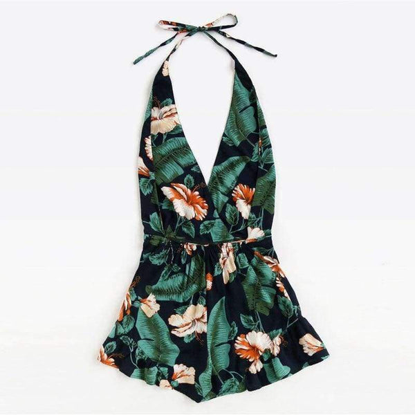 Planet Gates Multi / S Plunging V-neckline Floral Print Drawstring Frill Romper 2018 Halter Knot Women Clothes Sleeveless Vacation Romper