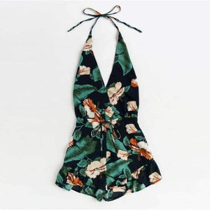 Planet Gates Multi / S Plunging V-neckline Floral Print Drawstring Frill Romper 2018 Halter Knot Women Clothes Sleeveless Vacation Romper