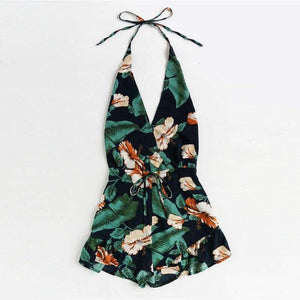 Planet Gates Multi / S Plunging V-neckline Floral Print Drawstring Frill Romper 2018 Halter Knot Women Clothes Sleeveless Vacation Romper