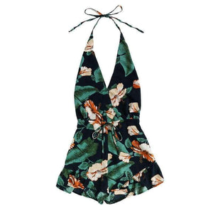 Planet Gates Multi / S Plunging V-neckline Floral Print Drawstring Frill Romper 2018 Halter Knot Women Clothes Sleeveless Vacation Romper