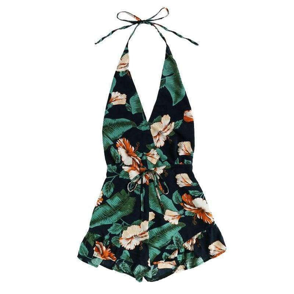 Planet Gates Multi / S Plunging V-neckline Floral Print Drawstring Frill Romper 2018 Halter Knot Women Clothes Sleeveless Vacation Romper