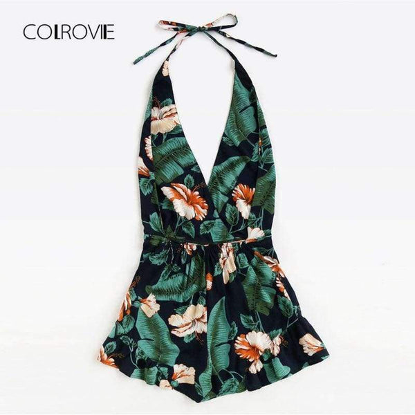 Planet Gates Multi / S Plunging V-neckline Floral Print Drawstring Frill Romper 2018 Halter Knot Women Clothes Sleeveless Vacation Romper