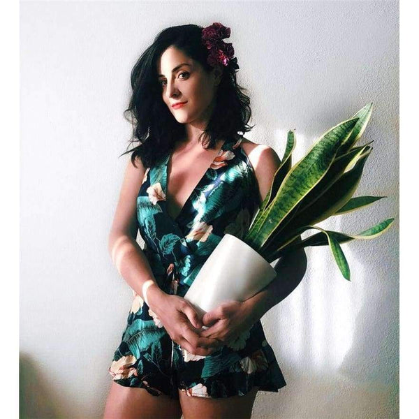 Planet Gates Multi / S Plunging V-neckline Floral Print Drawstring Frill Romper 2018 Halter Knot Women Clothes Sleeveless Vacation Romper