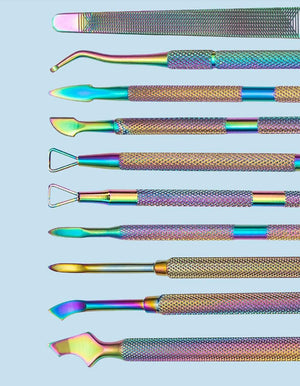 Planet Gates Multi-Type Rainbow Stainless Steel Nail Art Tools Cuticle Pusher Dead Skin Fork Gel Remover Nipper Tweezer Pedicure Manicure Set
