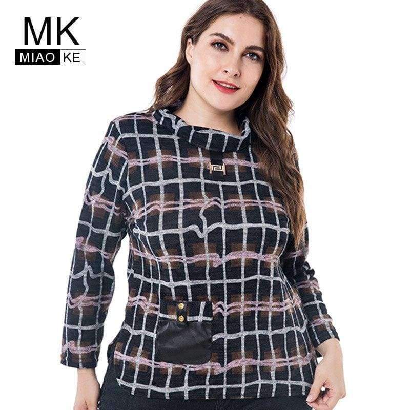 Planet Gates Multi / XL Women's Plus Size VintageT-shirts 2018 autumn new half-high collar plaid long-sleeved head tee tops 4XL 5XL 6XL