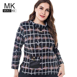 Planet Gates Multi / XL Women's Plus Size VintageT-shirts 2018 autumn new half-high collar plaid long-sleeved head tee tops 4XL 5XL 6XL