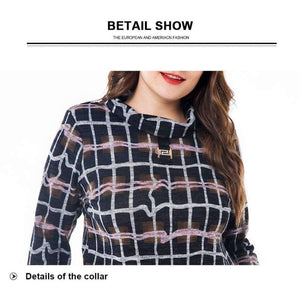 Planet Gates Multi / XL Women's Plus Size VintageT-shirts 2018 autumn new half-high collar plaid long-sleeved head tee tops 4XL 5XL 6XL