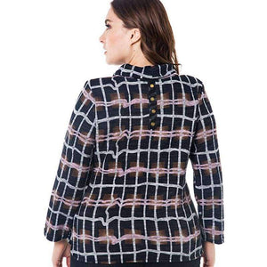 Planet Gates Multi / XL Women's Plus Size VintageT-shirts 2018 autumn new half-high collar plaid long-sleeved head tee tops 4XL 5XL 6XL