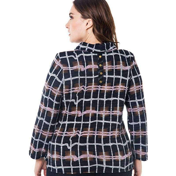 Planet Gates Multi / XL Women's Plus Size VintageT-shirts 2018 autumn new half-high collar plaid long-sleeved head tee tops 4XL 5XL 6XL