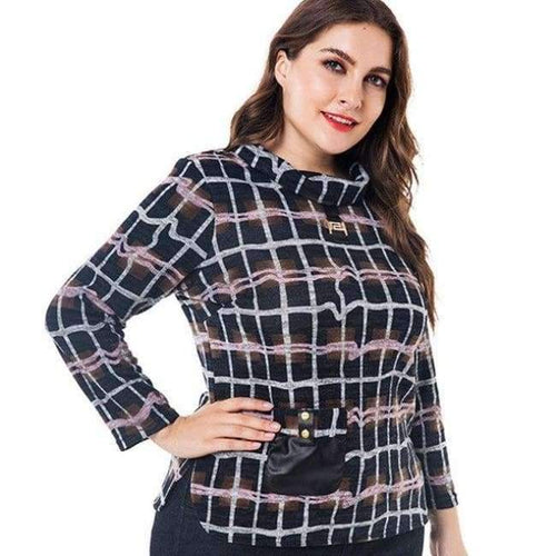 Planet Gates Multi / XL Women's Plus Size VintageT-shirts 2018 autumn new half-high collar plaid long-sleeved head tee tops 4XL 5XL 6XL